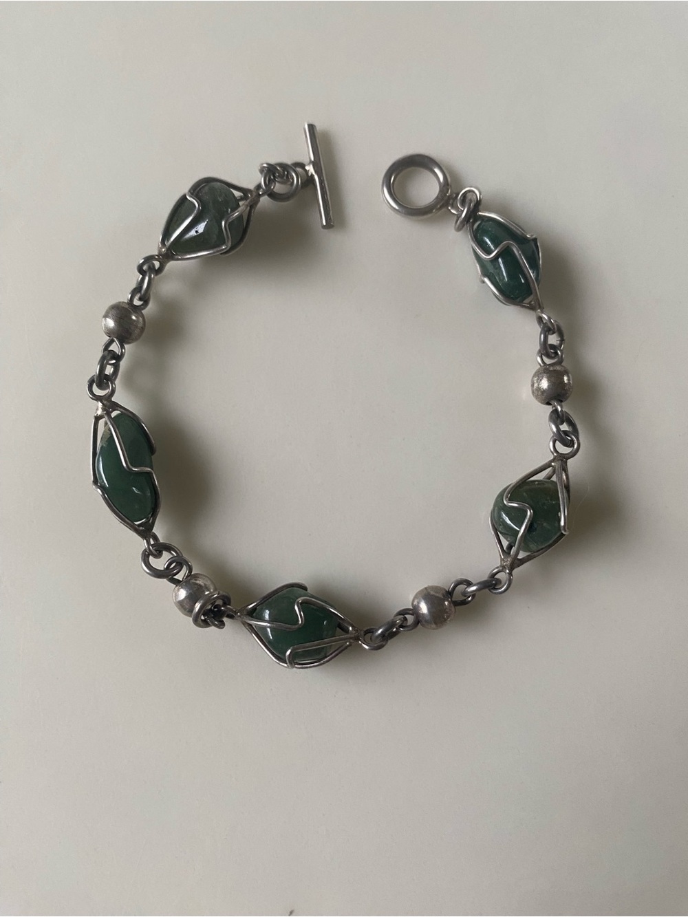 Sterling Caged Green Stone Link Bracelet